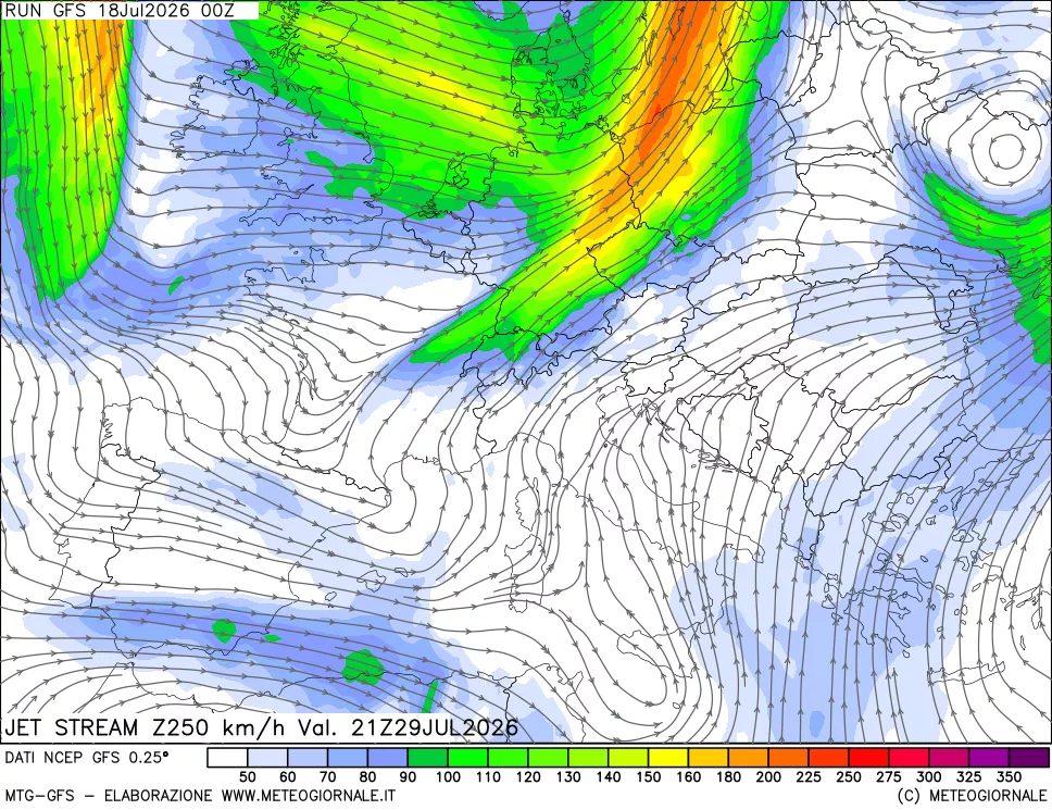 mappa 250 hPa Jet stream