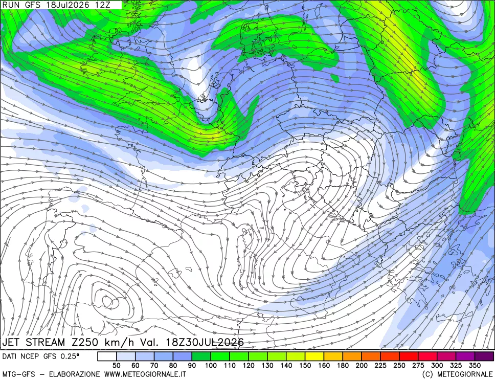 mappa 250 hPa Jet stream