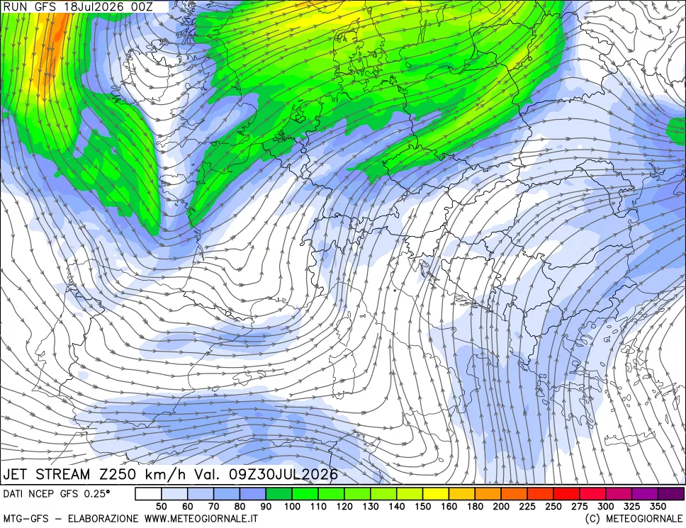 mappa 250 hPa Jet stream