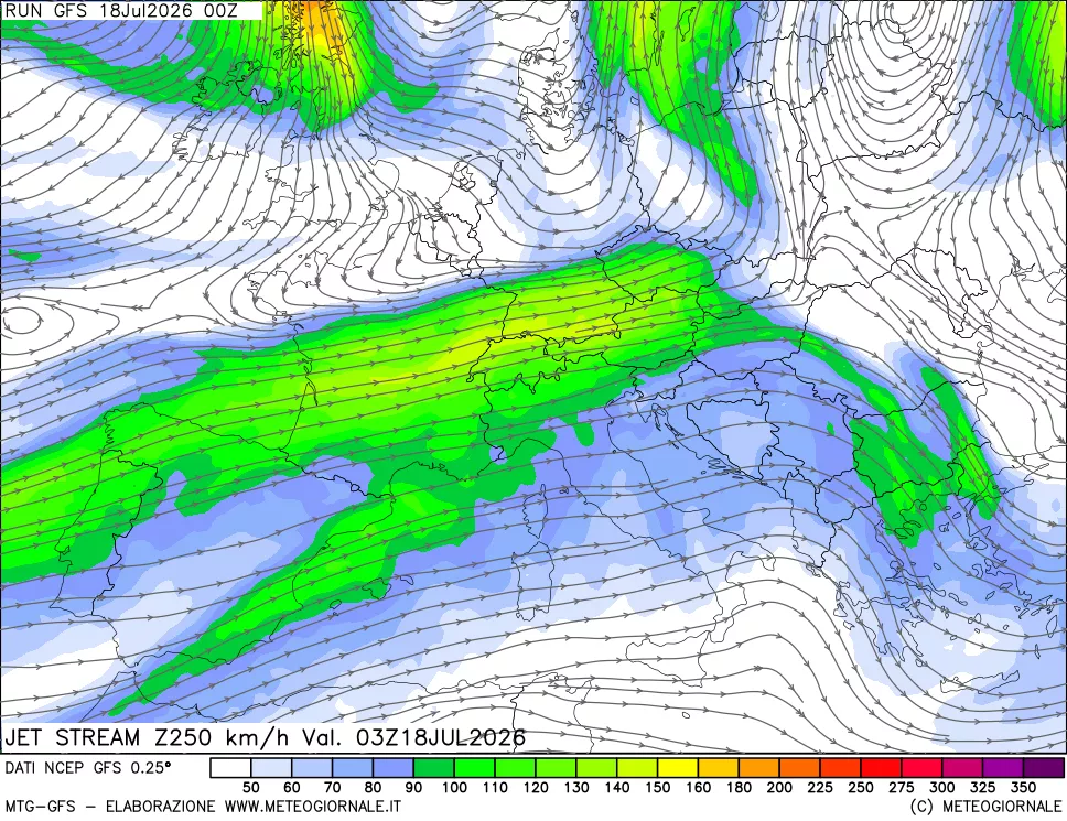 mappa 250 hPa Jet stream