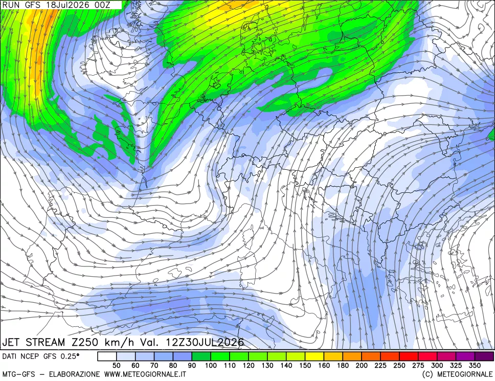mappa 250 hPa Jet stream