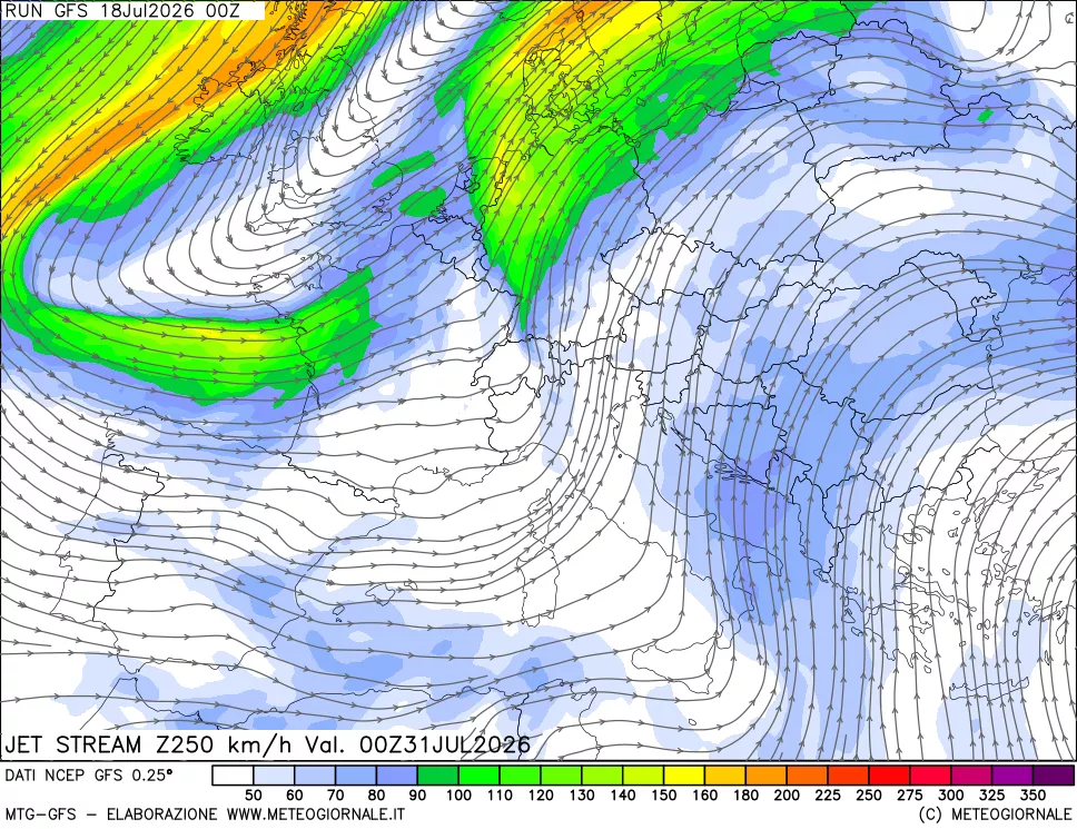 mappa 250 hPa Jet stream