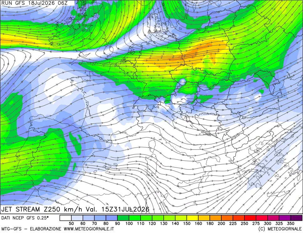 mappa 250 hPa Jet stream