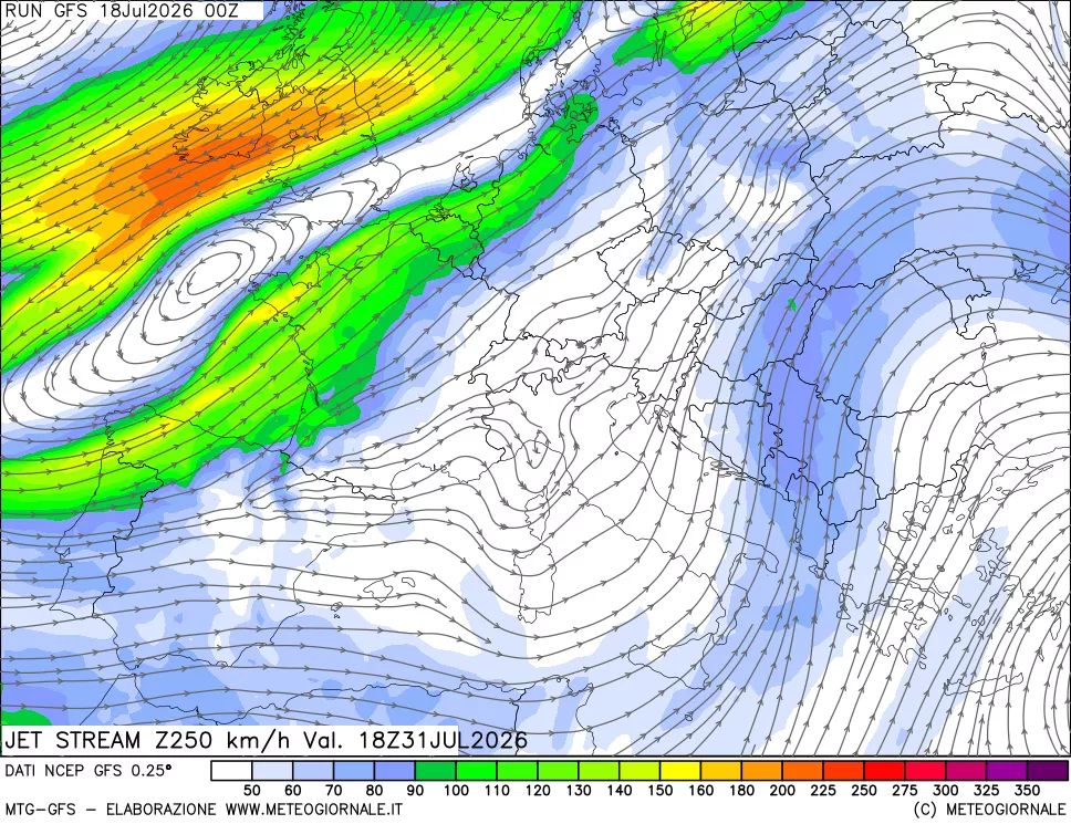 mappa 250 hPa Jet stream