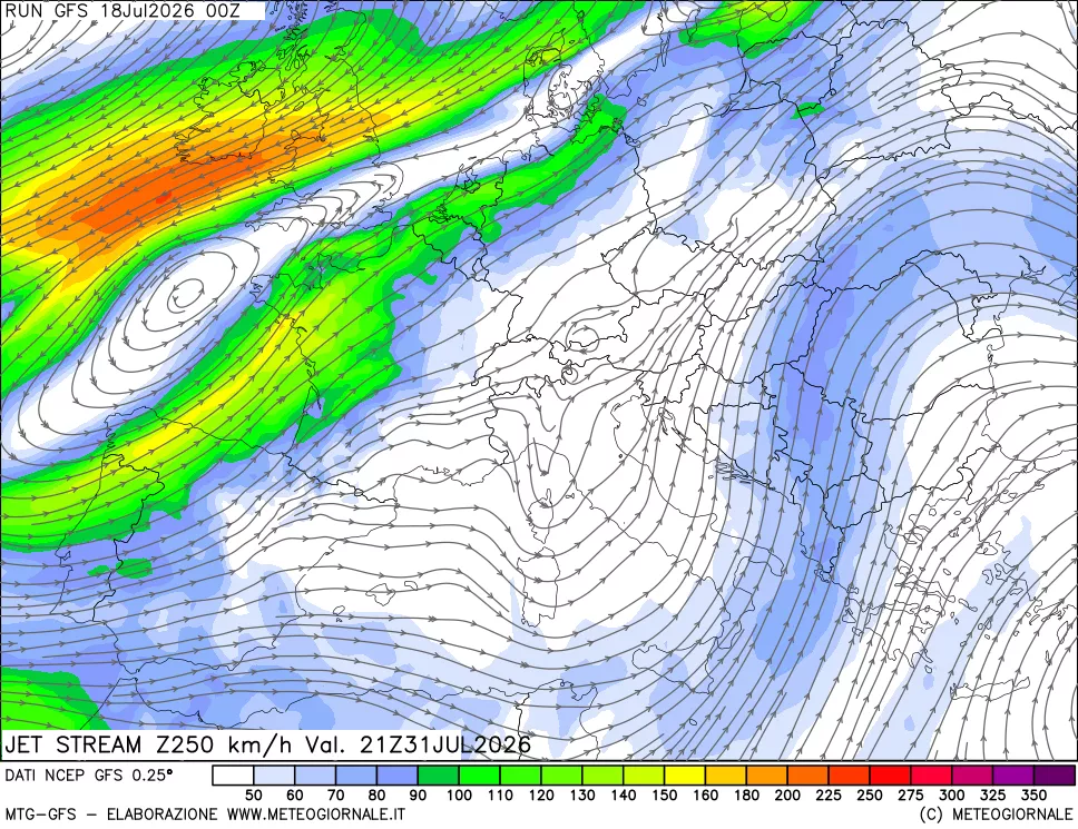 mappa 250 hPa Jet stream