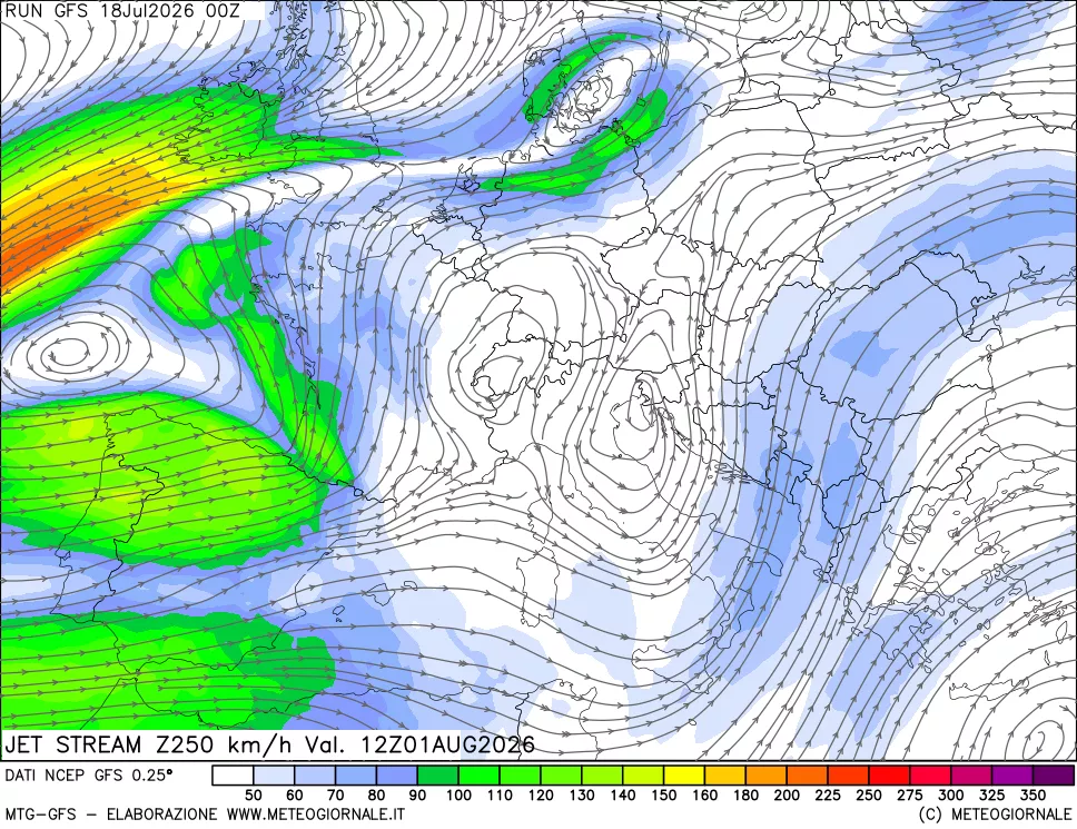 mappa 250 hPa Jet stream