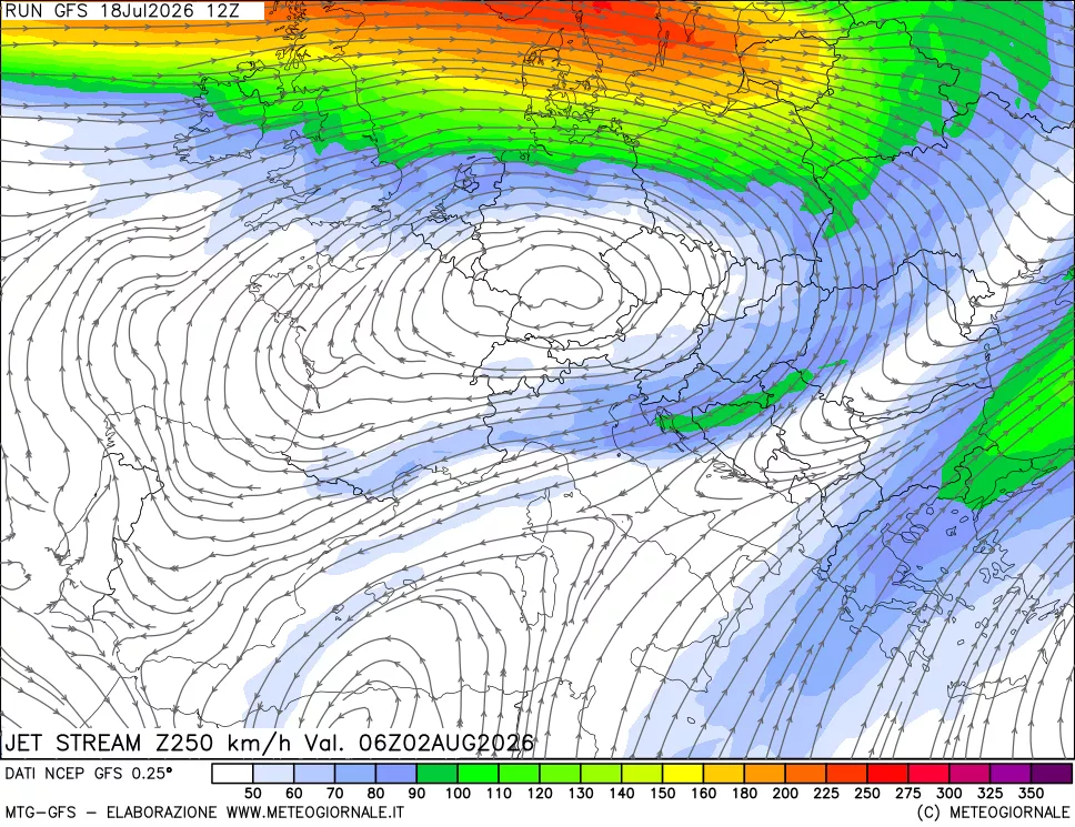 mappa 250 hPa Jet stream