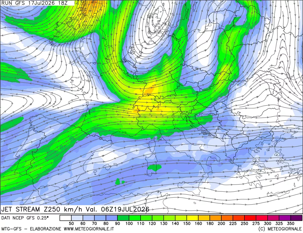 mappa 250 hPa Jet stream