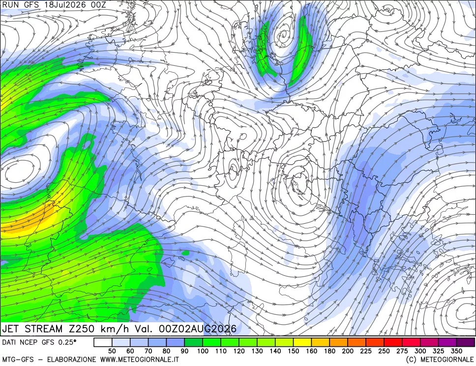 mappa 250 hPa Jet stream