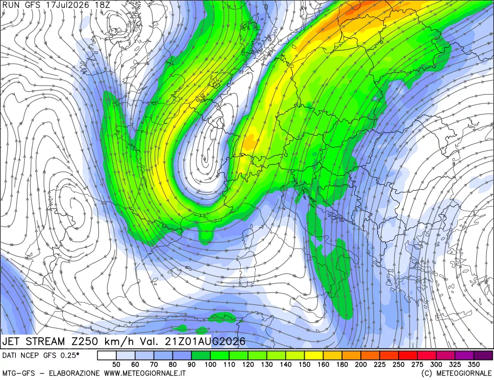 mappa 250 hPa Jet stream