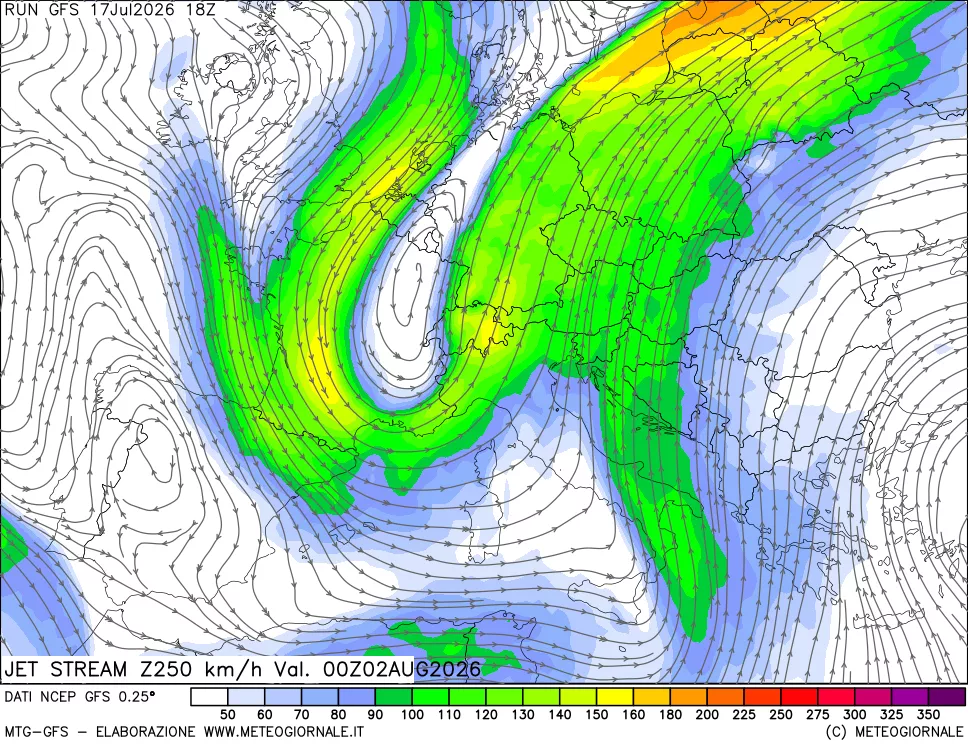 mappa 250 hPa Jet stream