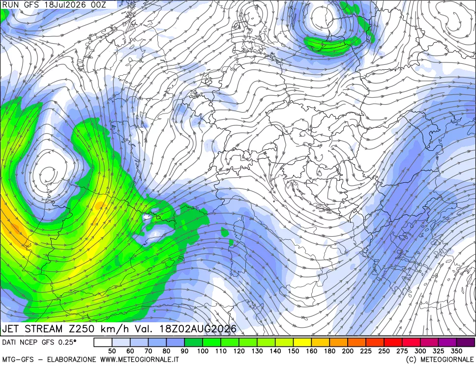 mappa 250 hPa Jet stream