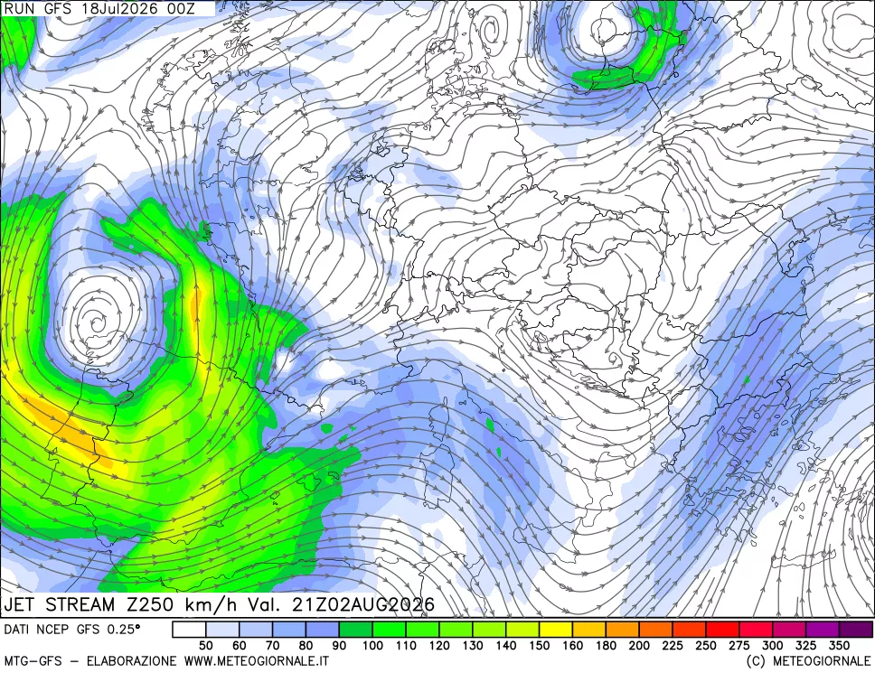 mappa 250 hPa Jet stream
