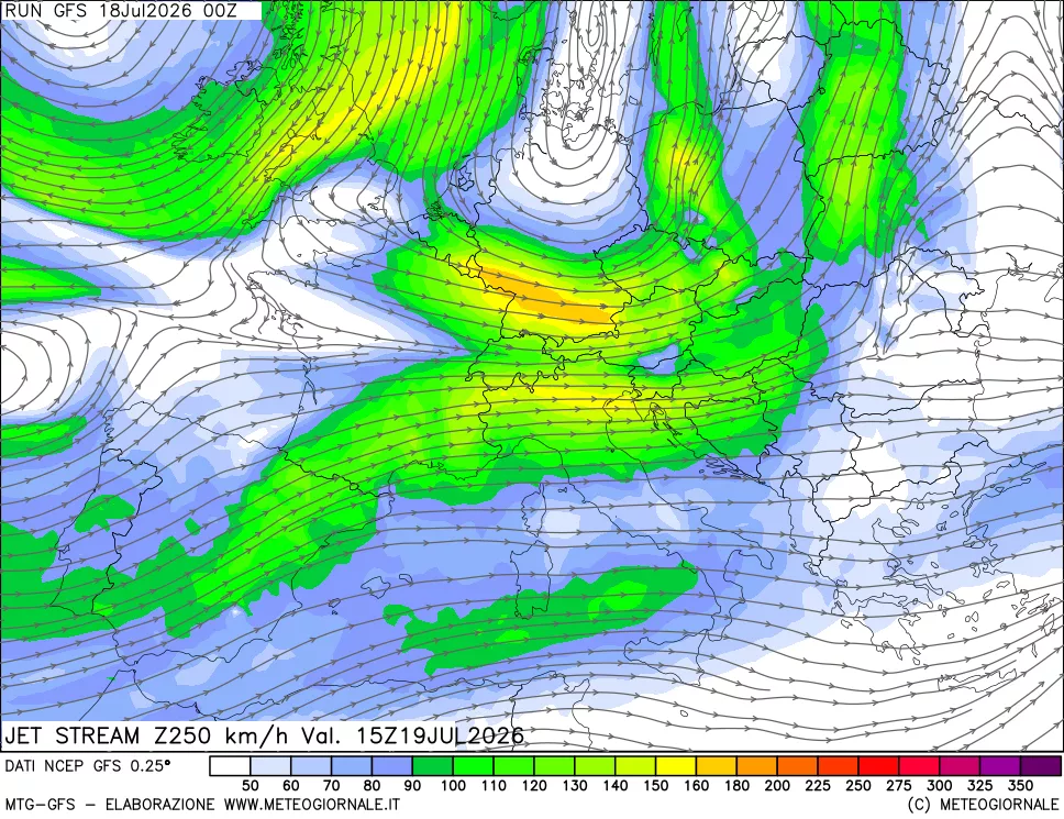 mappa 250 hPa Jet stream