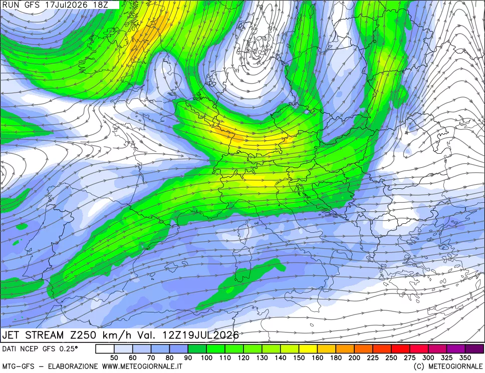 mappa 250 hPa Jet stream