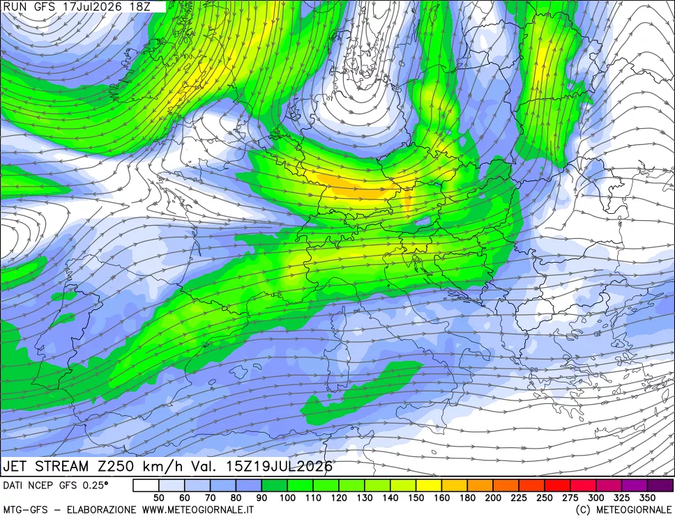 mappa 250 hPa Jet stream