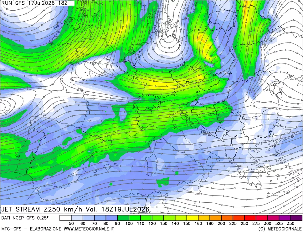 mappa 250 hPa Jet stream