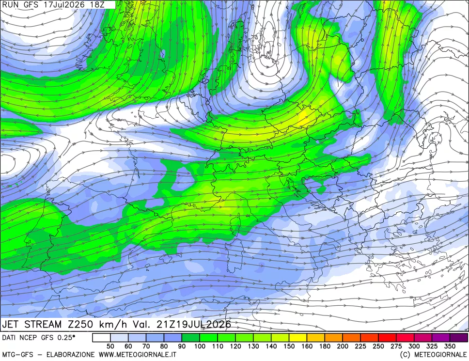 mappa 250 hPa Jet stream