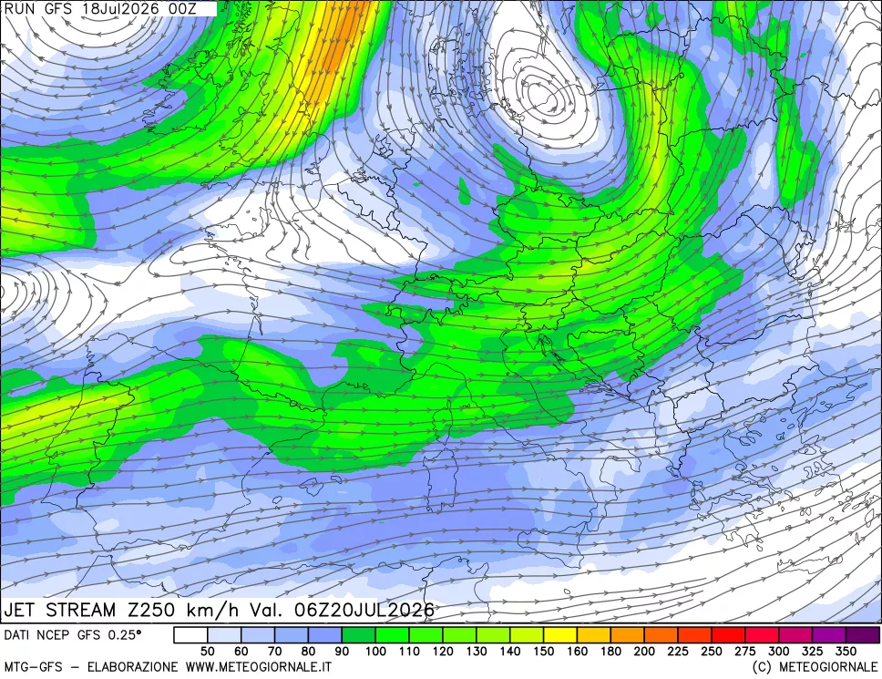 mappa 250 hPa Jet stream