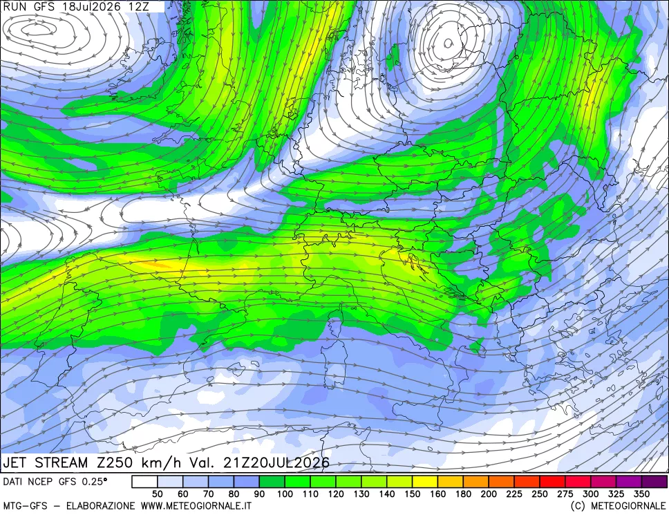 mappa 250 hPa Jet stream