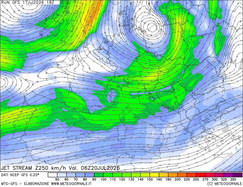 mappa 250 hPa Jet stream