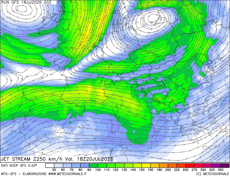 mappa 250 hPa Jet stream