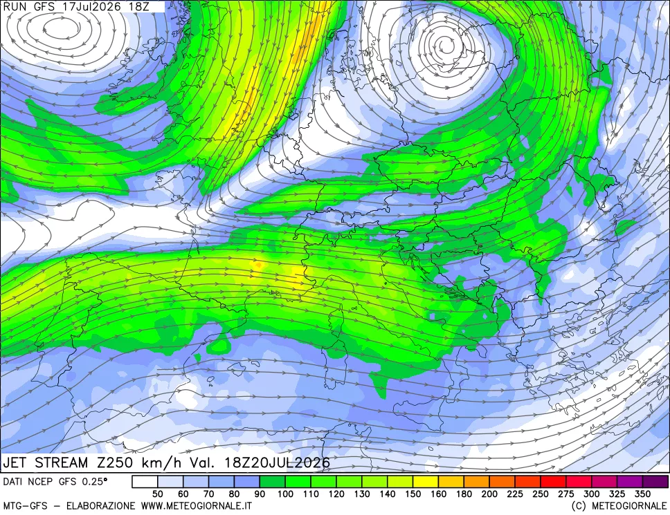 mappa 250 hPa Jet stream