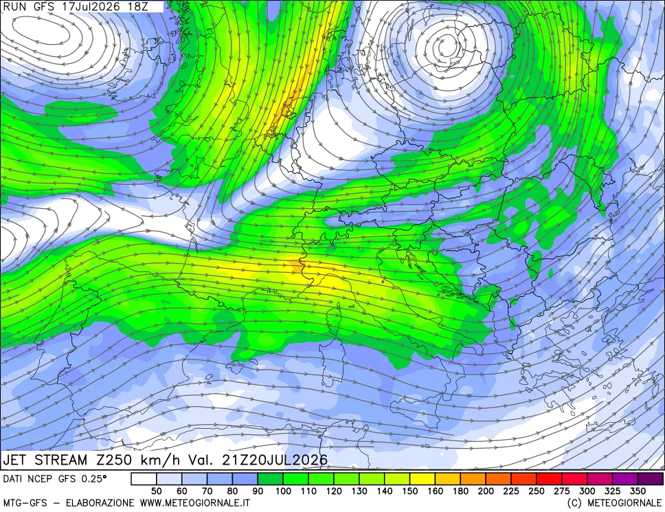 mappa 250 hPa Jet stream