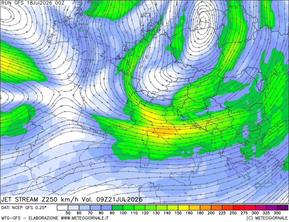 mappa 250 hPa Jet stream