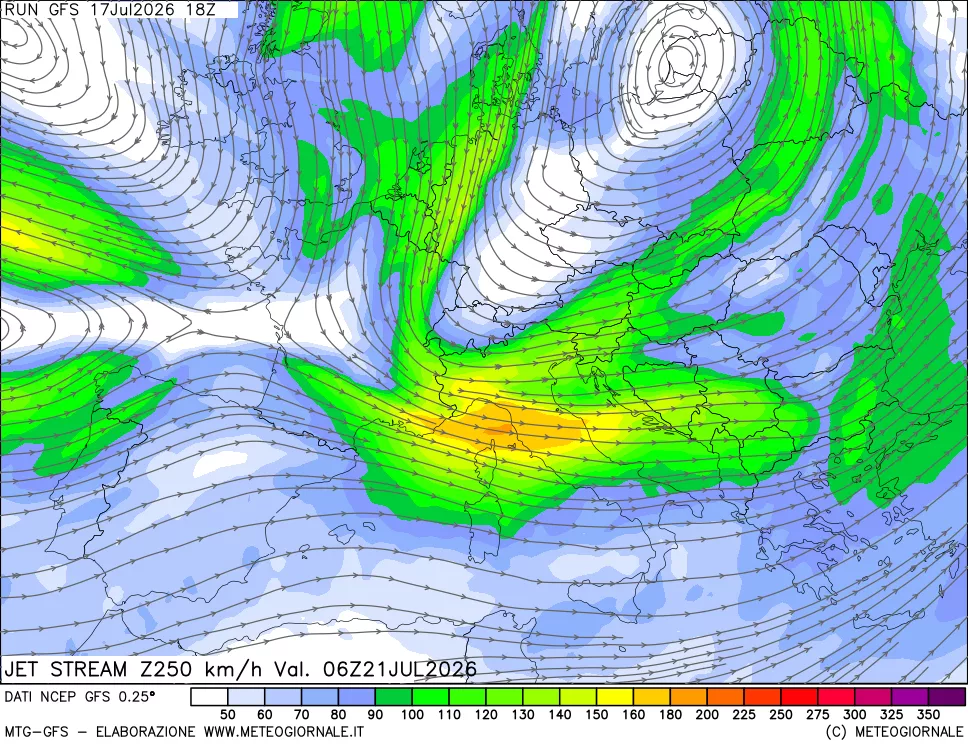 mappa 250 hPa Jet stream