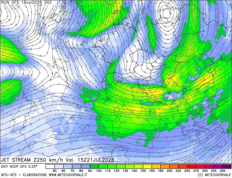 mappa 250 hPa Jet stream