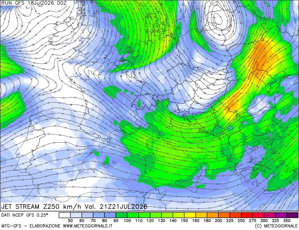 mappa 250 hPa Jet stream