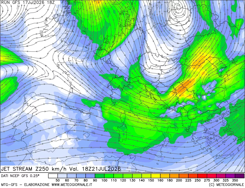 mappa 250 hPa Jet stream
