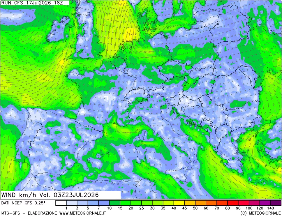 mappa 10 m Vento forza e direzione