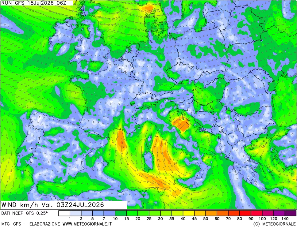 mappa 10 m Vento forza e direzione