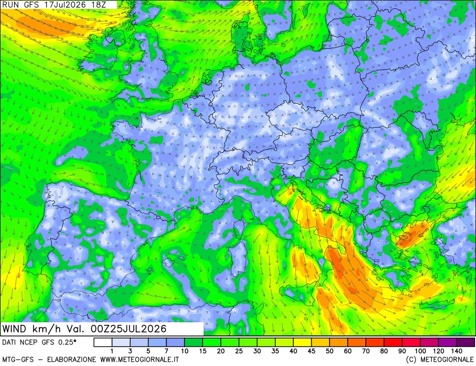 mappa 10 m Vento forza e direzione