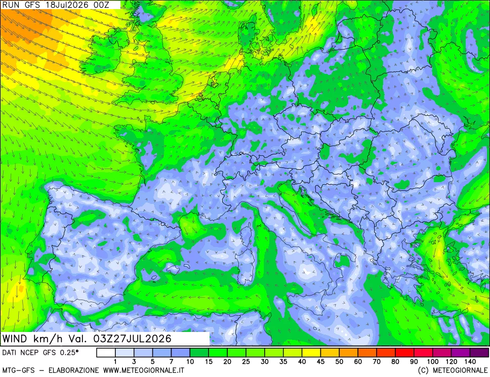 mappa 10 m Vento forza e direzione