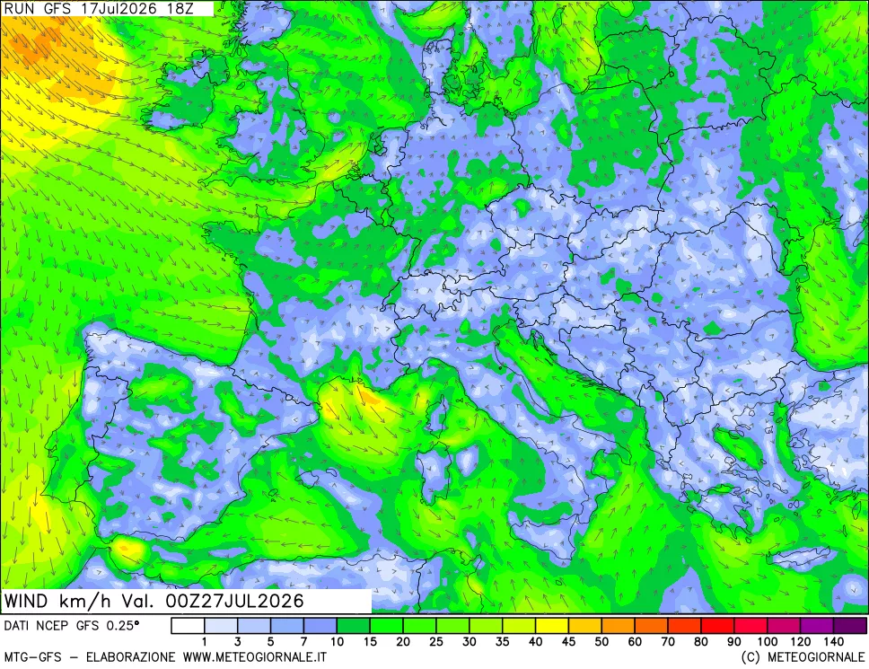 mappa 10 m Vento forza e direzione