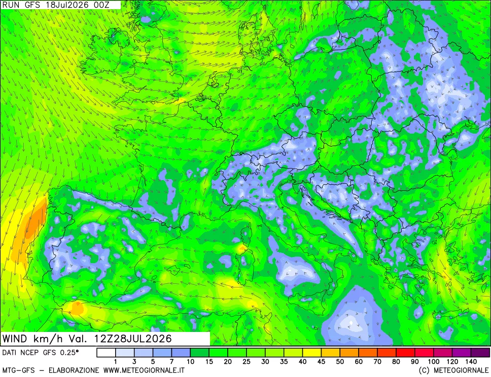 mappa 10 m Vento forza e direzione