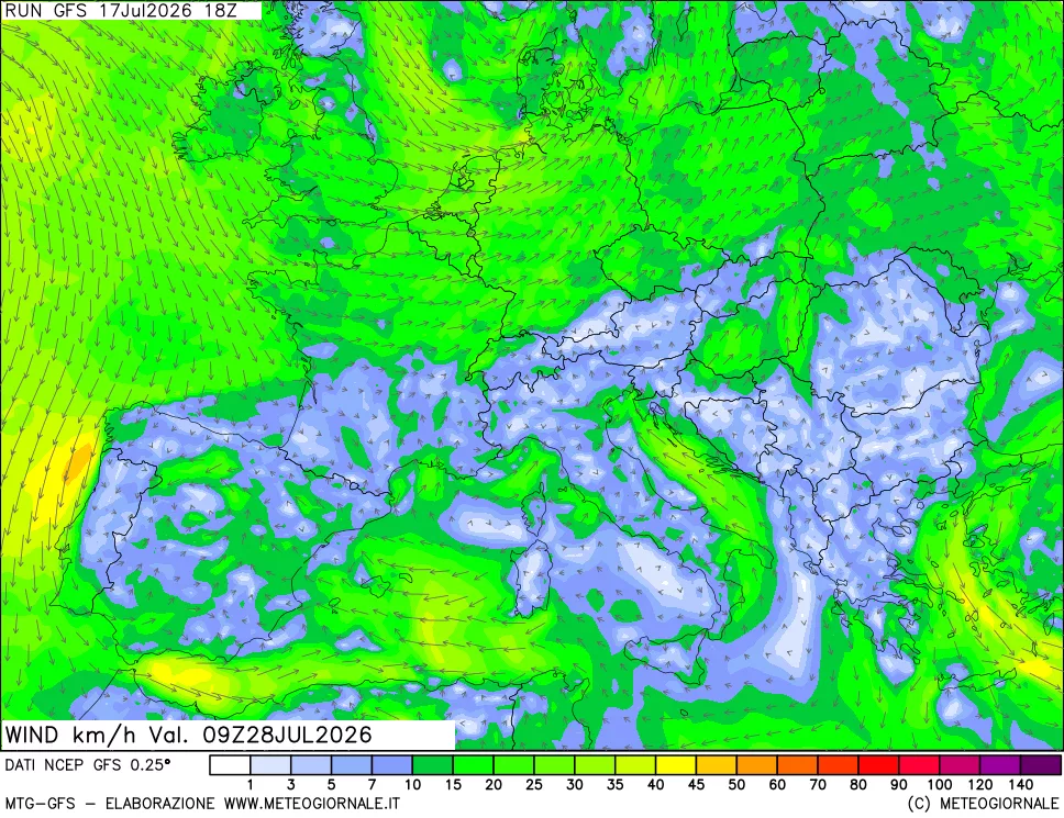 mappa 10 m Vento forza e direzione