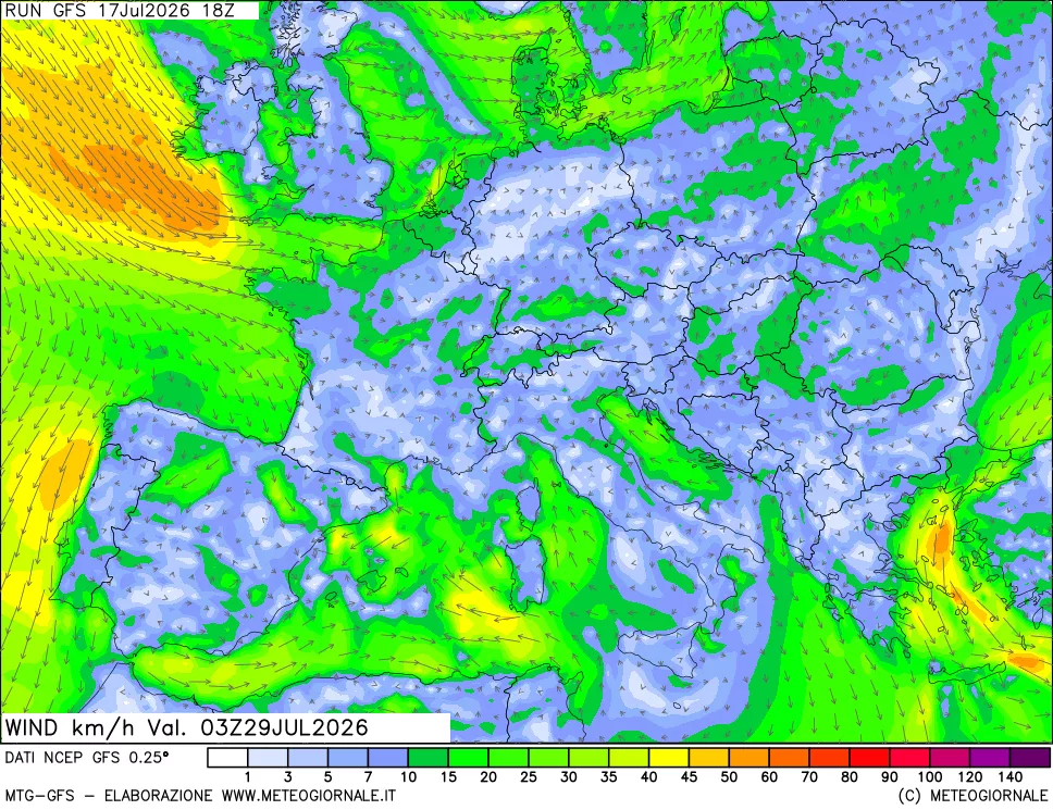 mappa 10 m Vento forza e direzione