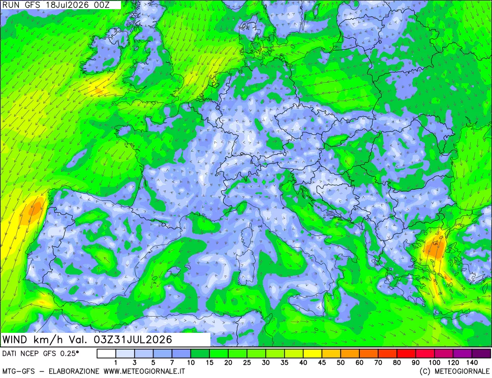 mappa 10 m Vento forza e direzione