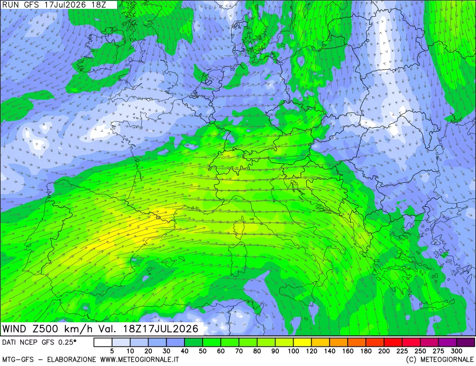 mappa 500 hPa Vento forza e direzione