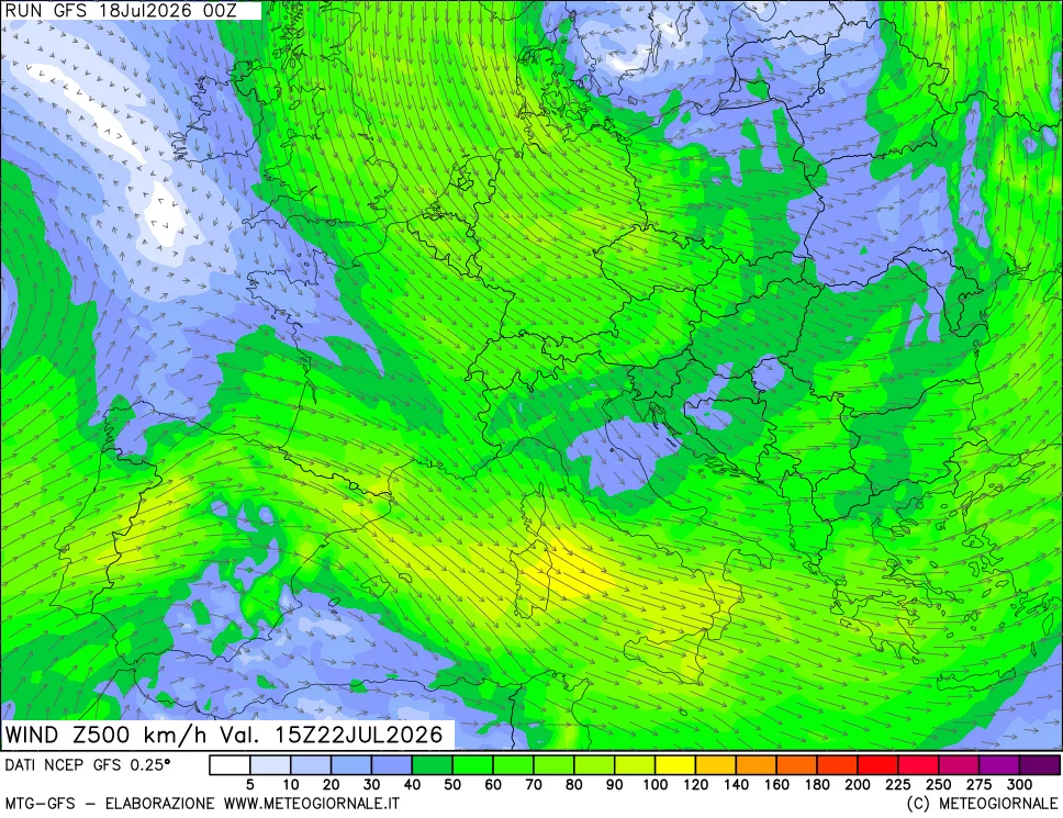 mappa 500 hPa Vento forza e direzione