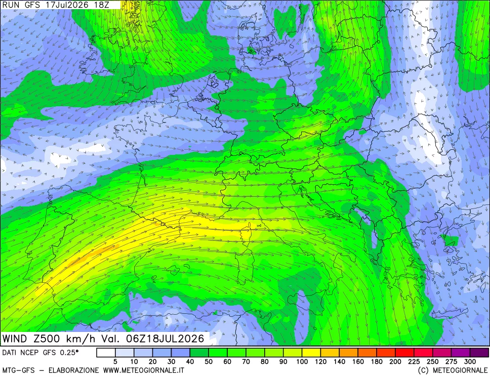 mappa 500 hPa Vento forza e direzione