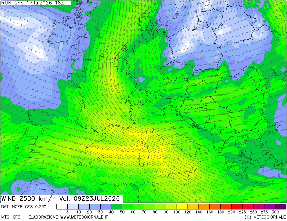 mappa 500 hPa Vento forza e direzione