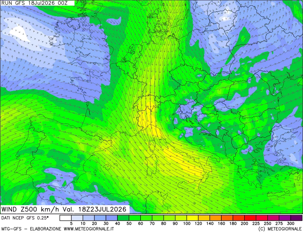 mappa 500 hPa Vento forza e direzione