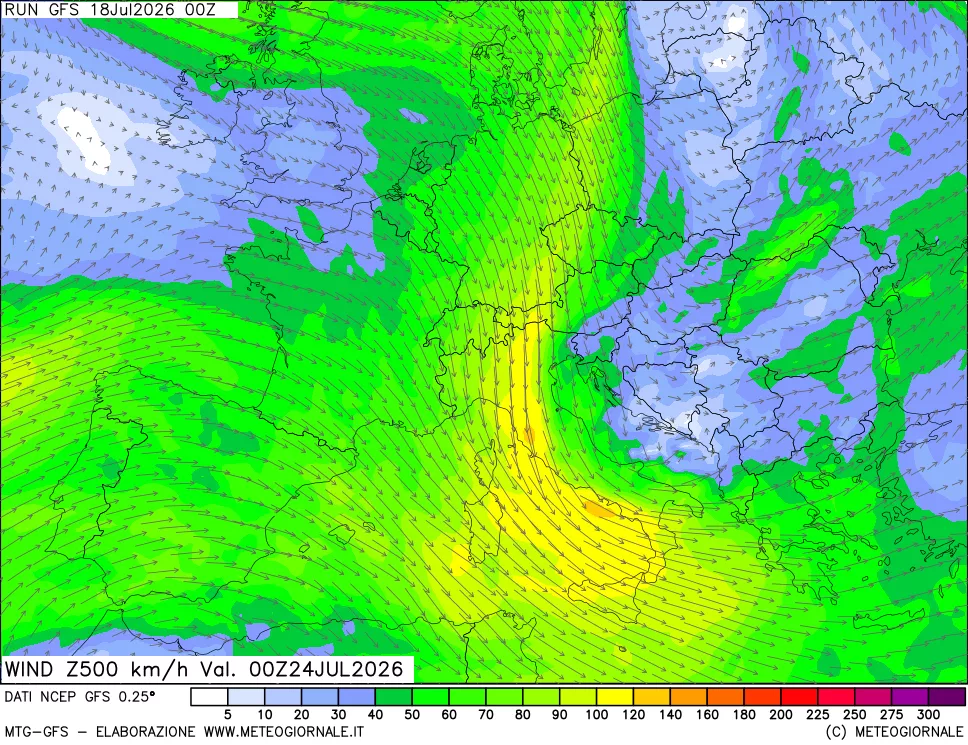 mappa 500 hPa Vento forza e direzione