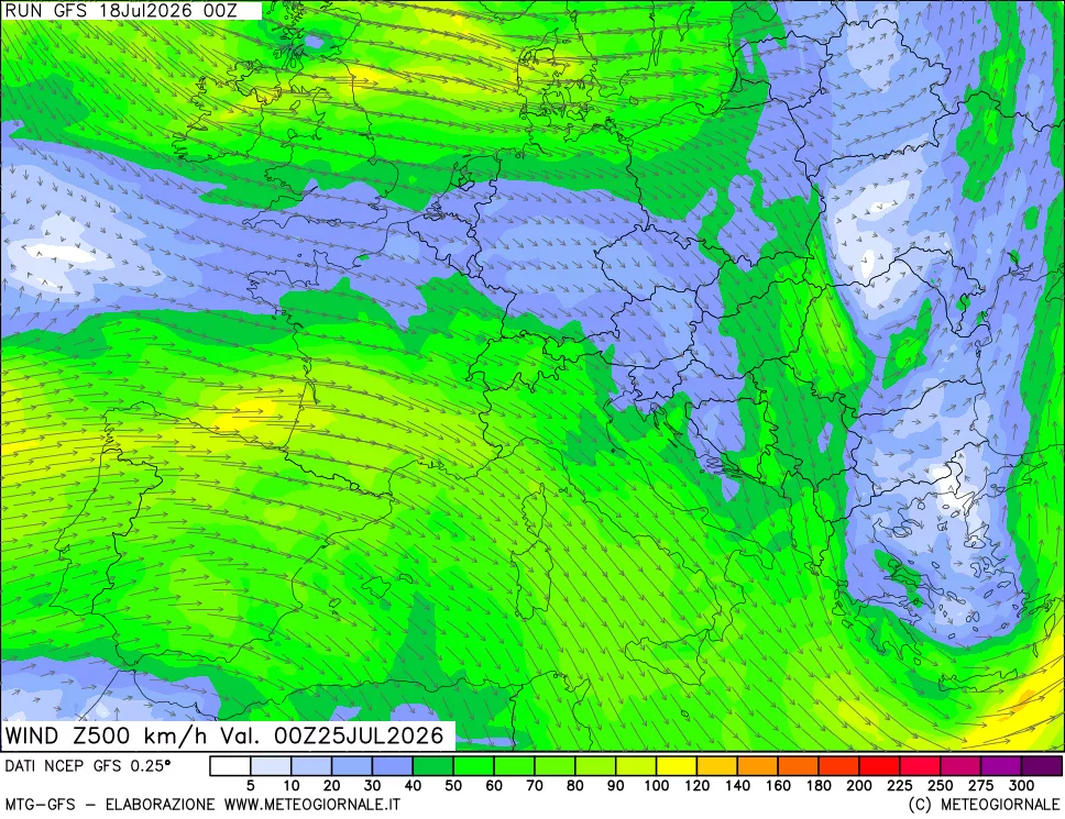 mappa 500 hPa Vento forza e direzione