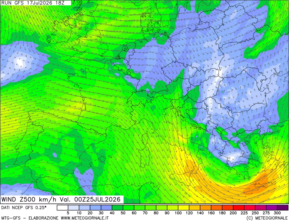 mappa 500 hPa Vento forza e direzione